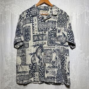 Island Republic Button Up XL Hawaiian Silk Blend Tan Blue Sailboats Tribal Totem
